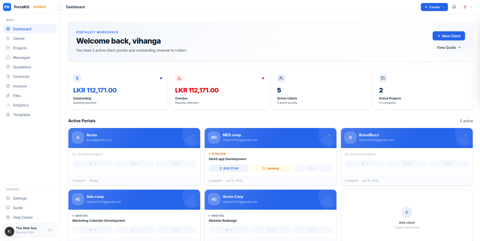 PortalKit dashboard showing project milestones, file approvals, and invoice tracking
